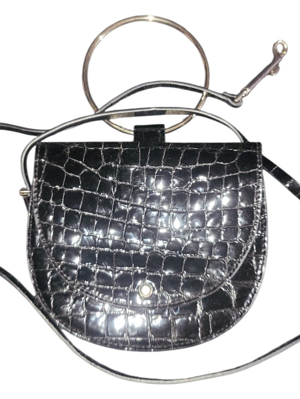Theory Whitney Black Leather Crossbody Gold Hoop - Rare Crocodile Effect - Picture 6 of 12